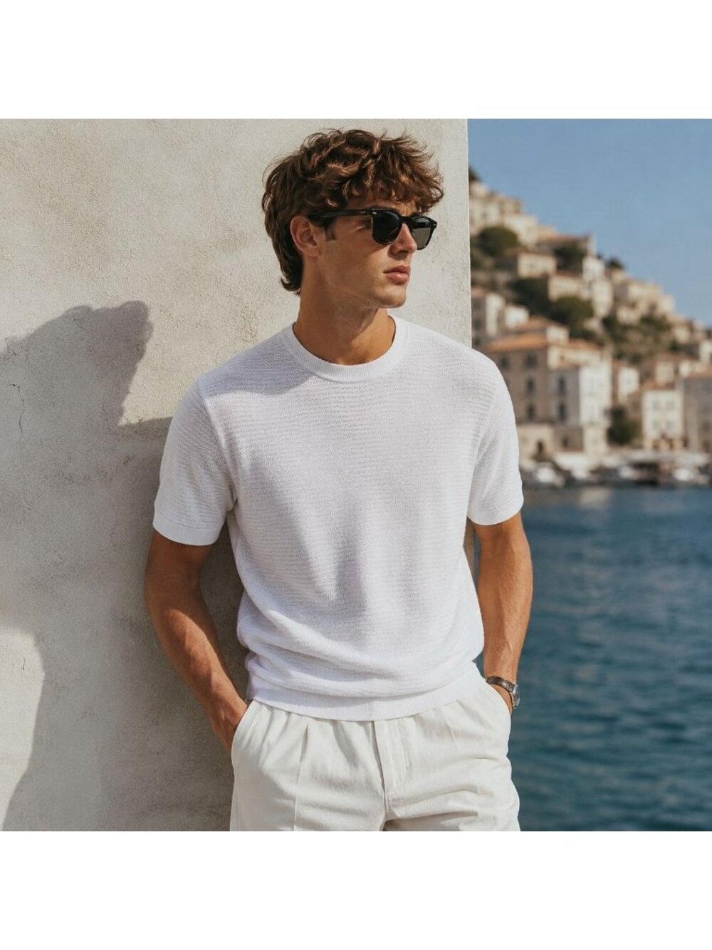Mango MNG Men L Cotton Blend Ribbed Knit T-Shirt Short Sleeve Euro Summer Resort